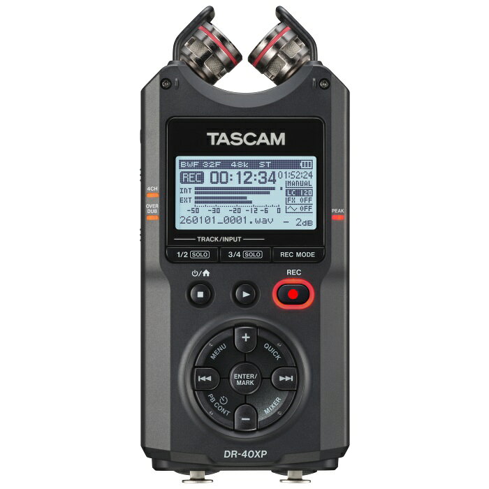 【主な特長】 ・フィールド、音楽、動画音声に対応する4ch録音 ・32-bit float/24-bit/16-bit、96kHz/48kHz/44.1kHz録音に対応 ・単一指向性、A-B/X-Y可動式コンデンサーマイク、最大125dB SPL ・TASCAM HDDAマイクプリアンプ（EIN -126dBu) ・+48Vファンタム電源対応XLR/TRS コンボジャックを2系統搭載 ・2入力/2出力 USB Type-C対応オーディオインターフェース ・約18時間駆動（内蔵マイク、アルカリ乾電池）あらゆる音を、自在に収録。 音楽録音から動画の音声収録、フィールドレコーディングまで対応する4chポータブルレコーダー。可動式ステレオマイク、超低ノイズのTASCAM HDDAマイクプリアンプ、ファンタム電源対応のXLR/TRS入力を搭載し、32ビットフロート/96kHz録音によりささやき声から爆音まで歪みのないクリアな音を確実に捉えます。 持ち運びやすいサイズと長時間の電池駆動に加え、USB Type-Cオーディオインターフェースとしても使用可能です。 様々な音楽シーンを、この一台で アコースティックギターやピアノ、ボーカル、弦楽器・管楽器やオーケストラからDJセット、バンドのライブ／リハーサル、レッスン、コンテスト、音楽制作まで、あらゆる音をプロレベルの音質で収録できます。HDDAマイクプリアンプ、4チャンネル録音、オーバーダビング／オーバーライト録音、リバーブ、チューナーを搭載。USB Type-CでiPhoneやパソコンに接続すれば、DAWですぐに音楽制作をスタートできます。 映像のクオリティを引き上げる音声収録 映画、YouTube、Vlogなど映像のルックに合わせた音像表現ができる可動式マイクを搭載。X-Y方式はインタビューやVlogに適したフォーカスの合った音、A-B方式は音楽やロケ地の空気感まで立体的に捉えます。XLR/TRS外部入力を備え、お気に入りのマイクにも対応。音声と映像の同期を助ける高精度クロックやトーン出力、3.5mmステレオライン出力などスムーズにカメラと連携でき、映像作品のクオリティを引き上げます。 フィールドレコーディングも思いのままに コンパクトなボディで最大18時間の電池駆動。125 dB SPL対応の内蔵マイクを搭載したDR‑40XPは、鳥のさえずりから航空機の爆音まで32ビットフロート/96kHzでクリアに収録します。さらに、+48Vファンタム電源対応のXLR/TRS端子を2系統備え、外部マイクを使用した本格的なフィールド録音にも対応します。 画像は、イメージです。 ※仕様および外観、パッケージは改善のため予告なく変更することがあります。 TASCAM Sound.Thinking. TEAC PROFESSIONAL TASCAM(タスカム)は、確かな音質と 高い耐久性で長年に渡り支持され世界中の放送・録音現場に導入されています。 その実績と経験を活かしプロフェッショナルのための音響に関わるトータルソリューションを提供するブランドです。 TASCAM（タスカム）は、1971年にTEAC(ティアック)のプロフェッショナル音響機器の販売会社 TEAC AUDIO SYSTEM COMPANY OF AMERICAとしてスタートし、現在では世の中の音に関わる産業を支えております。