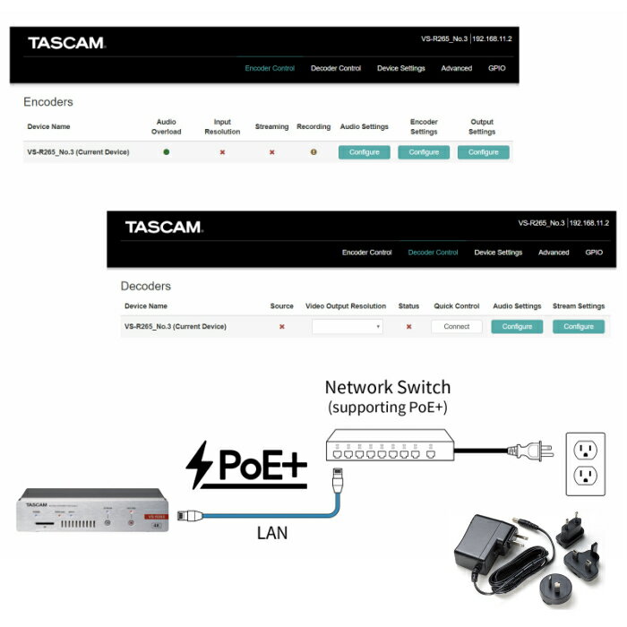 4K/UHD VIDEO STREAMER/RECORDER4Kライブストリーミング用AV Over IPエンコーダー/デコーダー(CODEC)TASCAM VS-R265