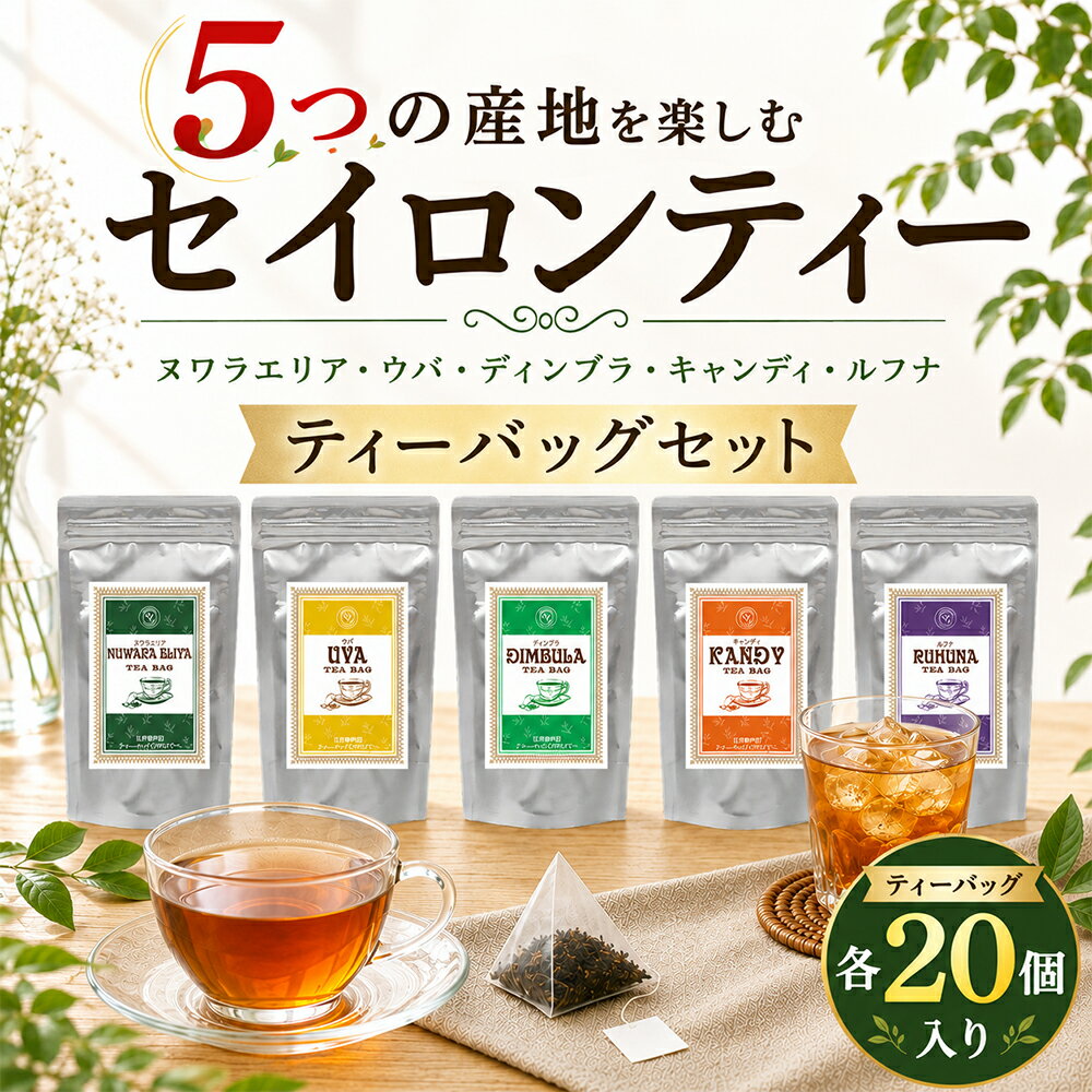【5/25限定P5倍+5％OFFクーポン】紅茶 ティーバッグ セット セイロンティー 5大産地 飲み比べ 各20個入り スリランカ産 ウバ ディンブラ ヌワラエリア キャンディ ルフナ 紅茶専門店 アイスティー ストレートティー ギフト ティーパック お茶 ソーシャルギフト 送料無料