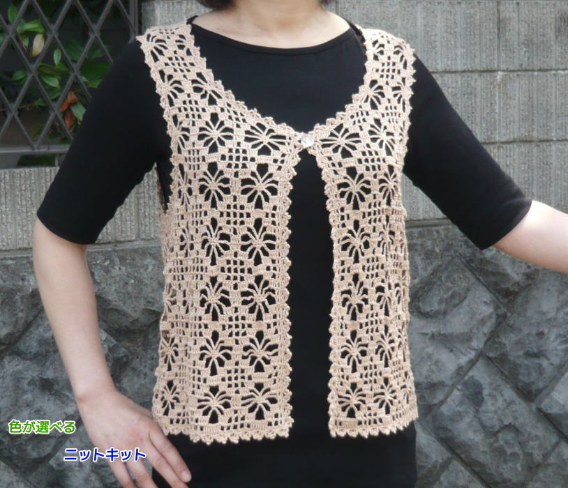 ●編み針セット●エミーグランデで編む花模様が映えるワンボタンベスト 手編みキット 毛糸 オリムパス 編みものキット 無料編み図
