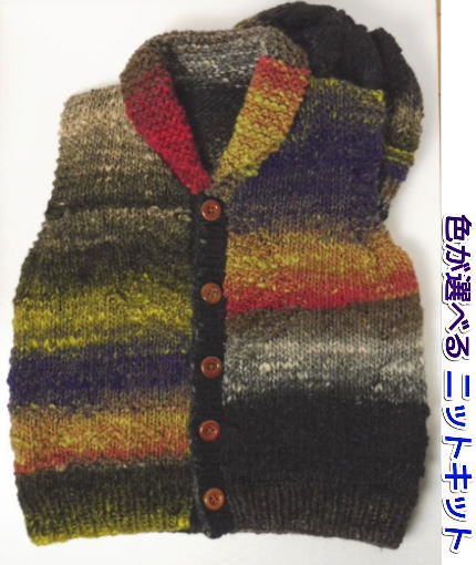 野呂英作のくれよんで編むキッズ用カウチン風ベスト 帽子付き 手編みキット 子供用100cm 人気キット 編み図 編みものキット 毛糸