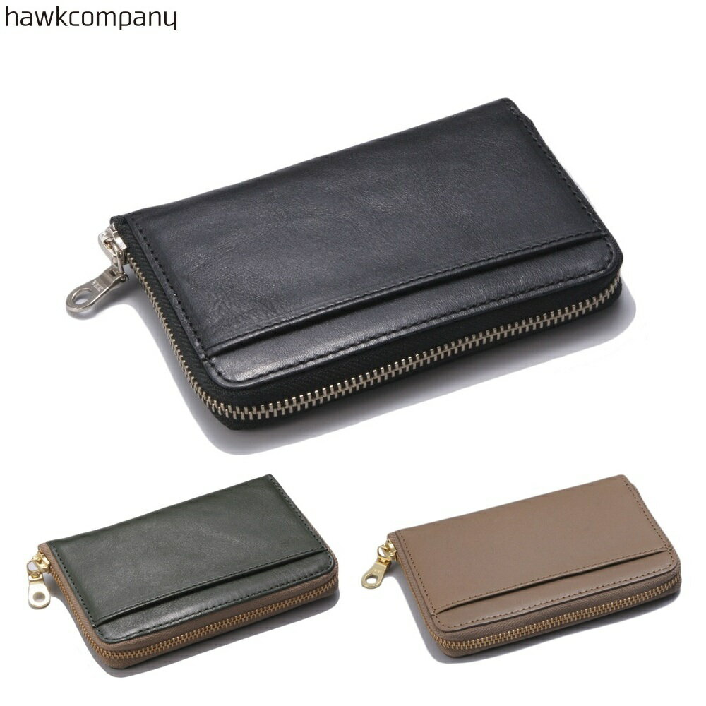 樂天商城 - Hawk Company ホークカンパニー 二つ折りミドル財布 ラウンドファスナー 本革 牛革 メンズ レディース 小銭入れが開く BOX型小銭入れ 7257