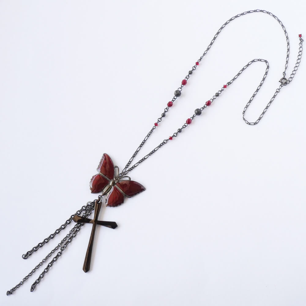 【ゴシック】赤 蝶 十字架 ネックレス レッド バタフライ チェーン クロス