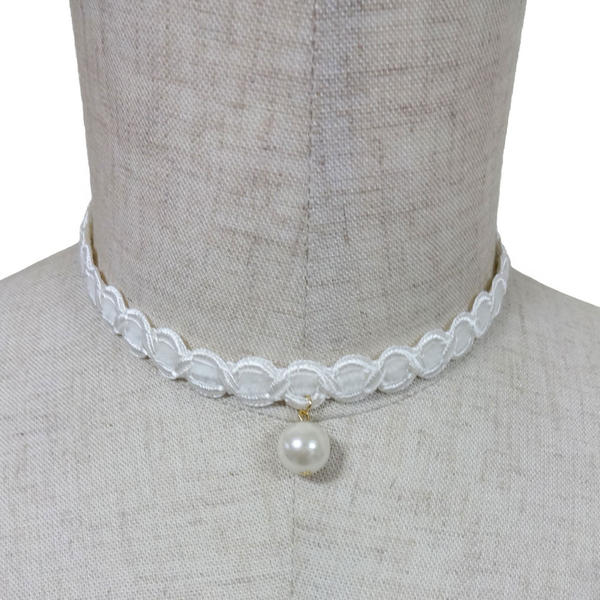 【カワイイ系】パール ホワイト リボン チョーカー レディース