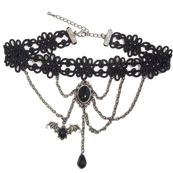 【オリジナル ゴスロリ チョーカー】 小判型のブラックストーン 黒のカットガラスのコウモリパーツ 黒のブレードチョーカーにアンティークシルバーチェーン ハロウィンナイトに最適のチョーカー スタッフ制作の1点アイテム 【サイズ】 全長　約30...