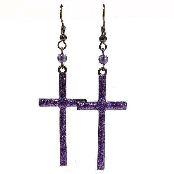 ハンドメイド パープル ラメ ロング クロス ピアス