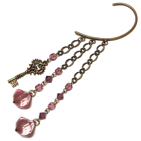 アンティークゴールド パープルビーズ 鍵 チェーン イヤーフック 片耳タイプ