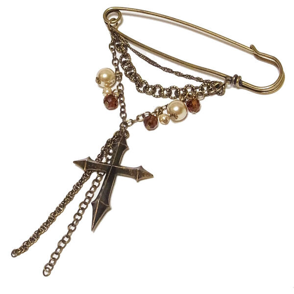 ゴシック アンティーク ゴールド 十字架チェーン ピン ブローチ