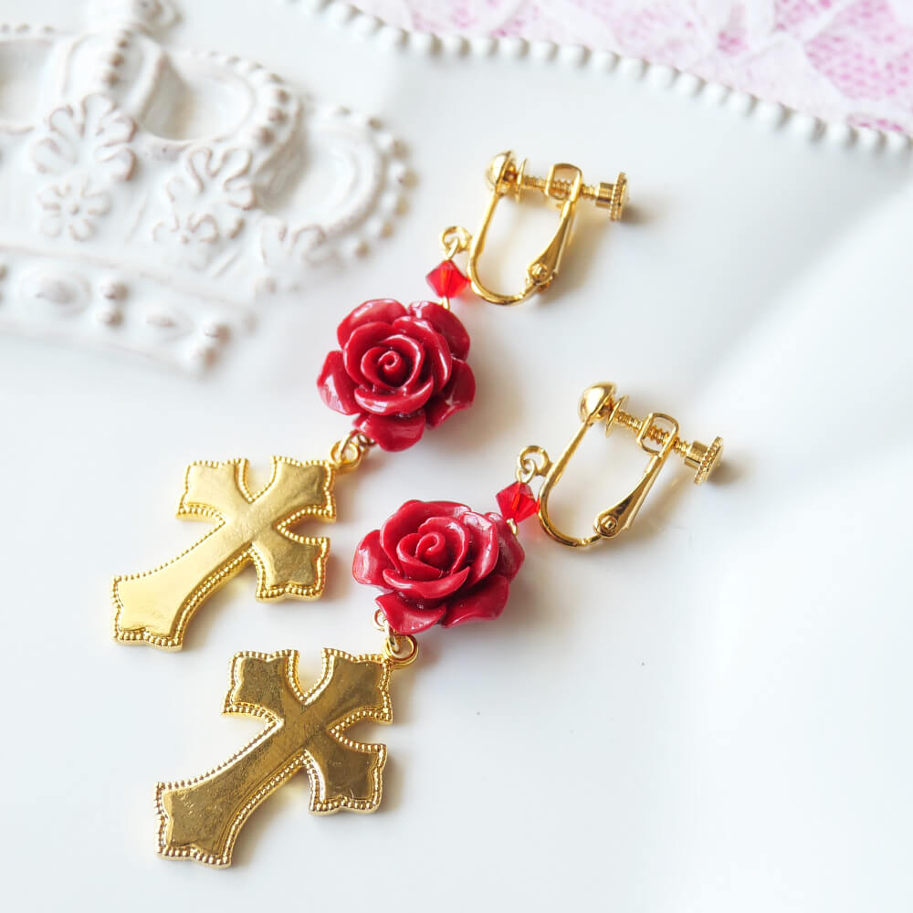 乐天商城 - アリス 十字架 イヤリング 赤薔薇 ロリータ ゴシック ゴールド アクセサリー