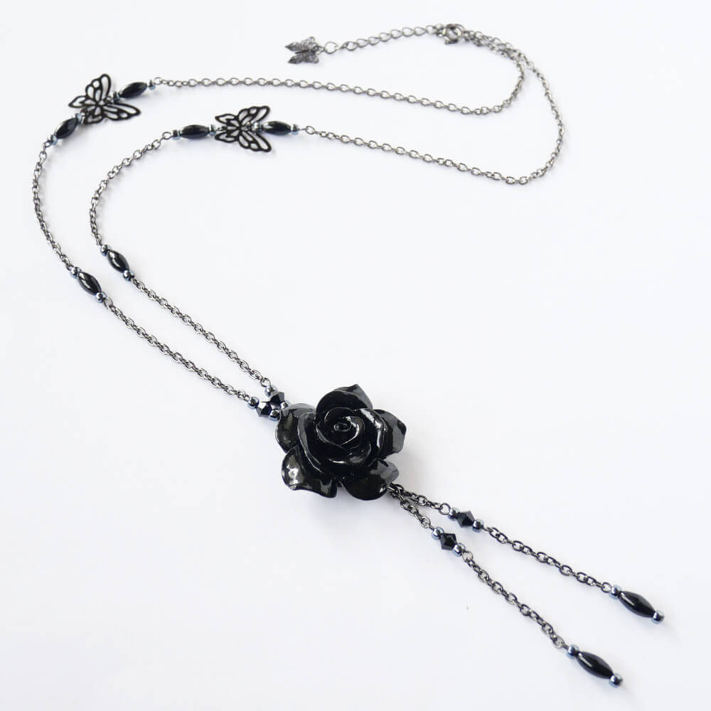 乐天商城 - ゴスロリ ネックレス 黒薔薇 ブラックローズ 蝶 ガンメタ ゴシック ロング レディース