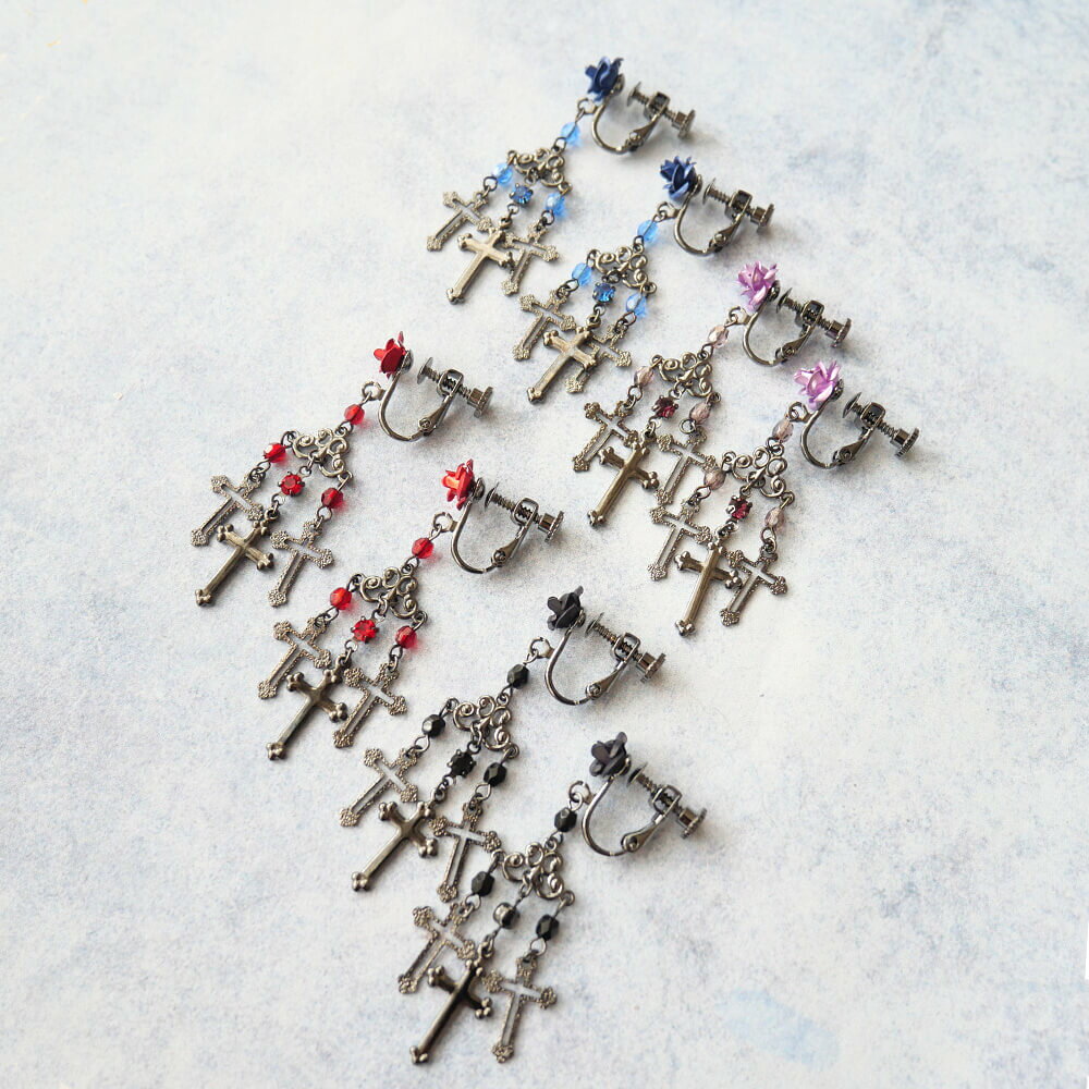 珍珠白 - 薔薇イヤリング シャンデリア クロス 十字架 ティアーズヘブン