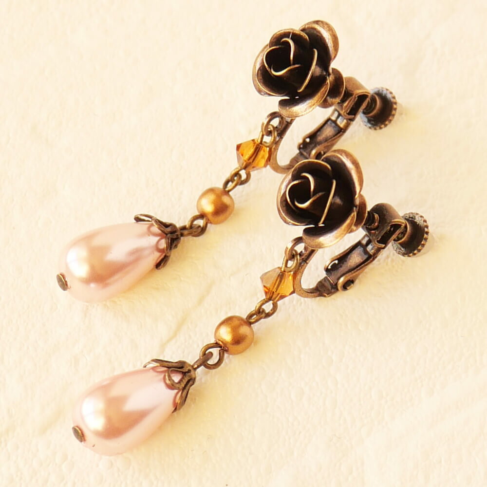 アンティーク ローズ パール ドロップ イヤリング 金古美