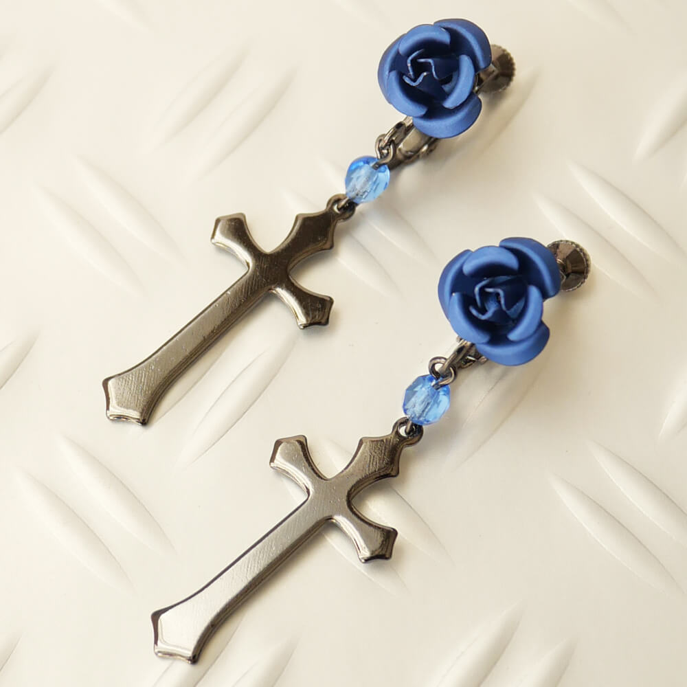 【ローズガーデン】青 薔薇 十字架 ブルー クロス イヤリング(4)
