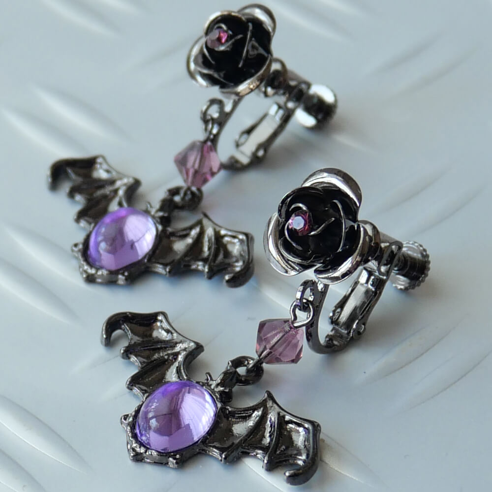 ゴシック Halloween ローズ コウモリ イヤリング ミラーストーン ハロウィン