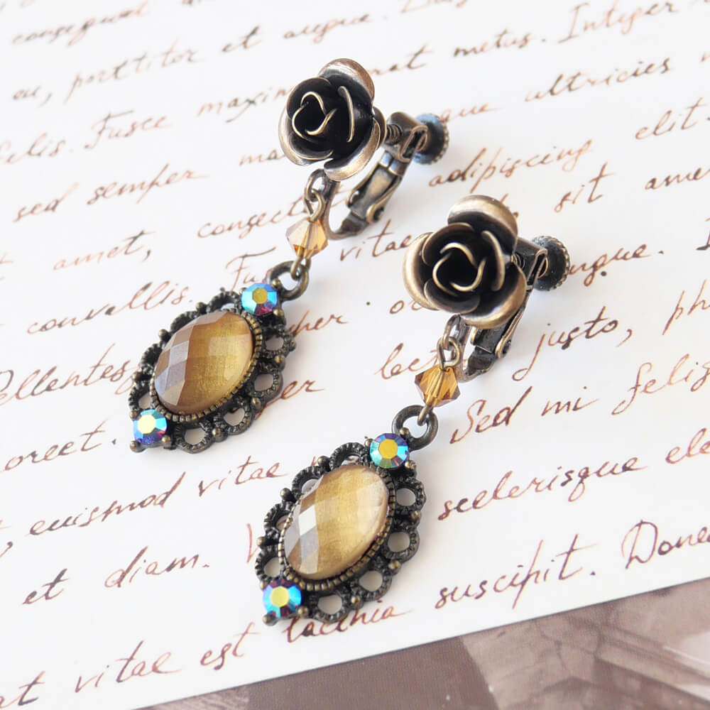 アンティーク ローズ ブラウン ミラー イヤリング