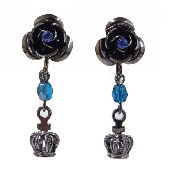 【ゴシック】薔薇＆王冠 イヤリング ブルー ローズ クラウン