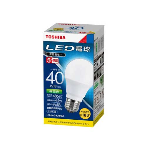 [法人限定] 東芝 LDA4N-G-K/40W/2 [ LDA4NGK40W2 ] 広配光タイプ 口金E26 密閉形器具対応 一般電球40W形相当 昼白色