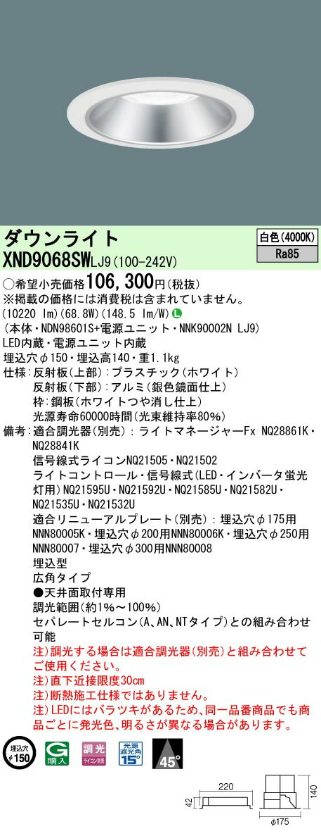 [ˡ�͸���] XND9068SW LJ9 �ѥʥ��˥å� �������� ŷ������� LED �� ������饤�� �ӡ����45�� ���ѥ����� Ĵ�� �饤�������� ��15...