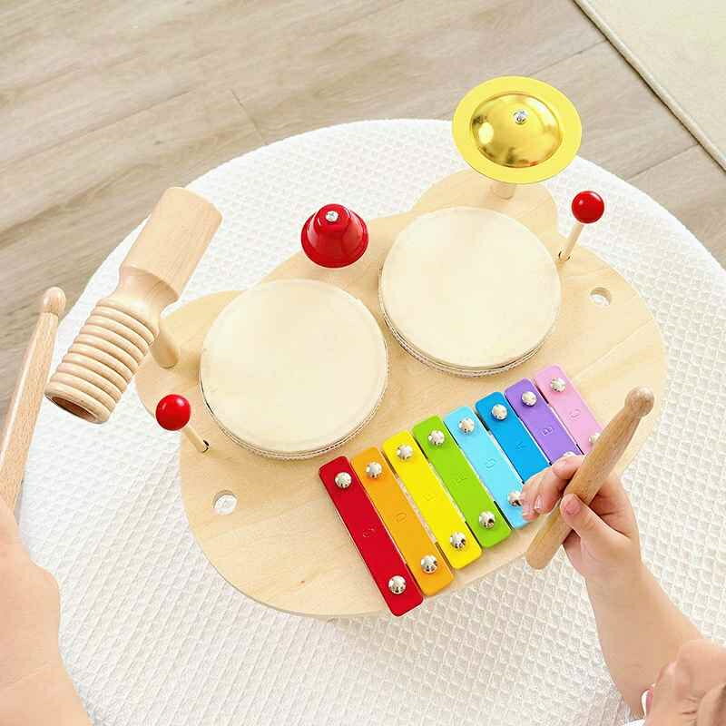 木製楽器子供用ドラムセット こどもドラムセット 木のおもちゃ 鉄琴 チャイム シンバル ダブルギロ ドラム 知育玩具 演奏家ごっこ 幼児用楽器 打楽器 子供 キッズ ミュージカルテーブルモンテッソーリ 3 4 5 6歳子供用 誕生日 入園 出産 祝い 2