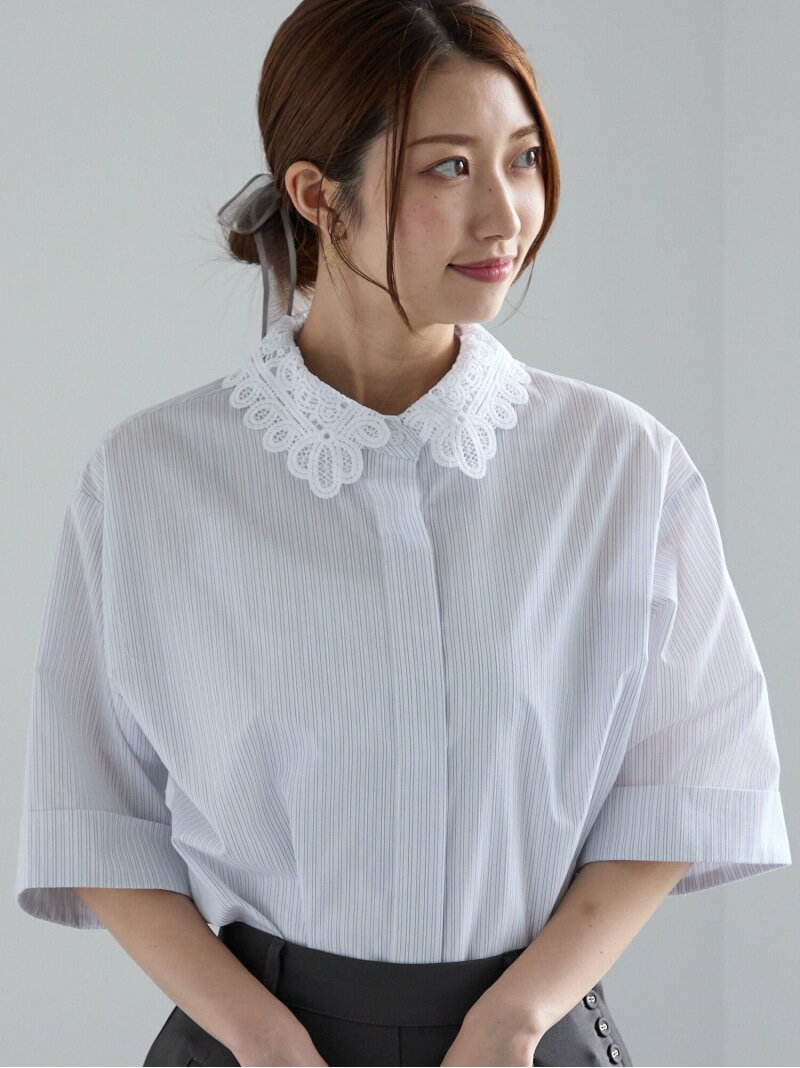 【SALE／40%OFF】レースカラー5分袖シャツブラウス Te chichi テチチ トップス シャツ・ブラウス ブルー ネイビー ホワイト【RBA_E】【送料無料】[Rakuten Fashion]のサムネイル