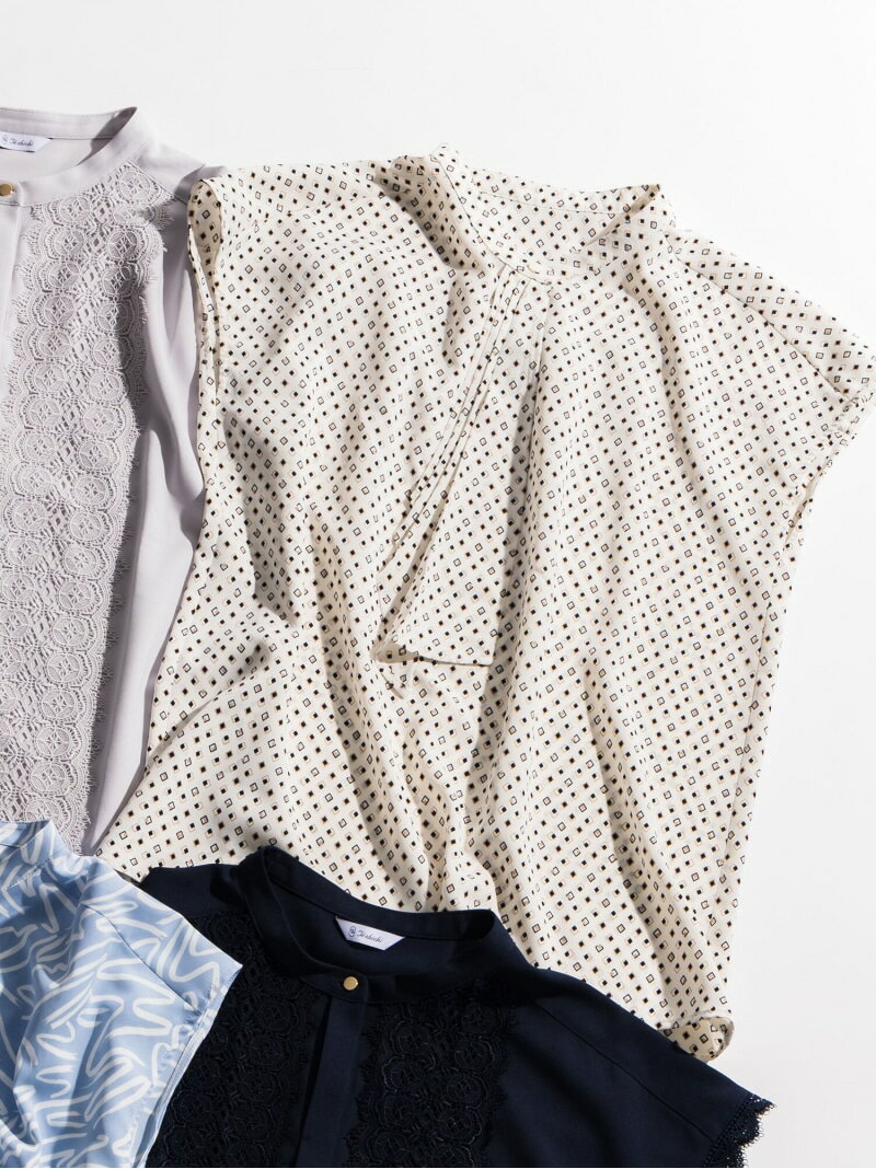 [SALE/40% OFF] Pattern Assortment French Bow Tie Blouse by Te chichi (TECHICHI) - Tops, Shirts & Blouses - Navy, White, Gray, Blue [RBA_E] [Rakuten Fashion]