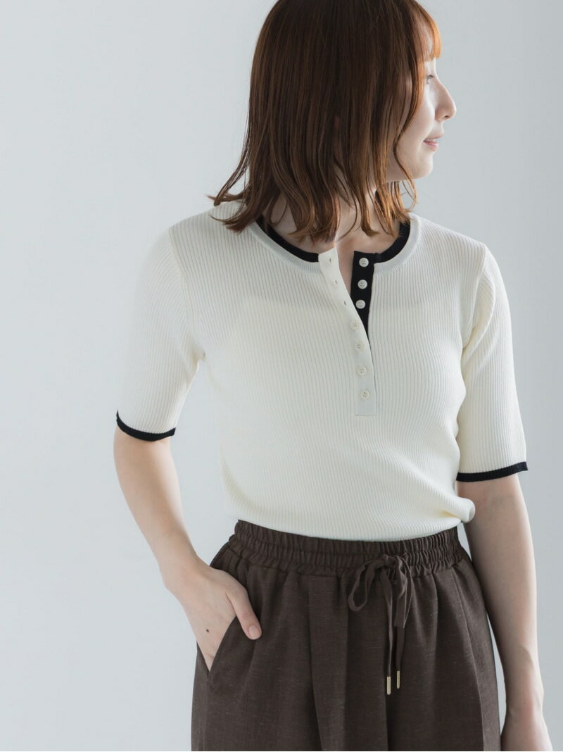 樂天商城 - 【UVカット】ヘンリーネック5分袖配色リブニット Te chichi テチチ トップス ニット グレー ネイビー ホワイト【送料無料】[Rakuten Fashion]