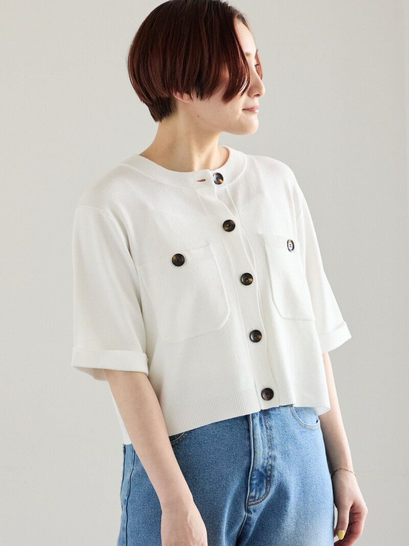 Nylon, Rayon, Polyester - 【調温】14G総針ハーフスリーブニットジャケット Te chichi テチチ トップス カーディガン ブラック ブラウン ホワイト【送料無料】[Rakuten Fashion]