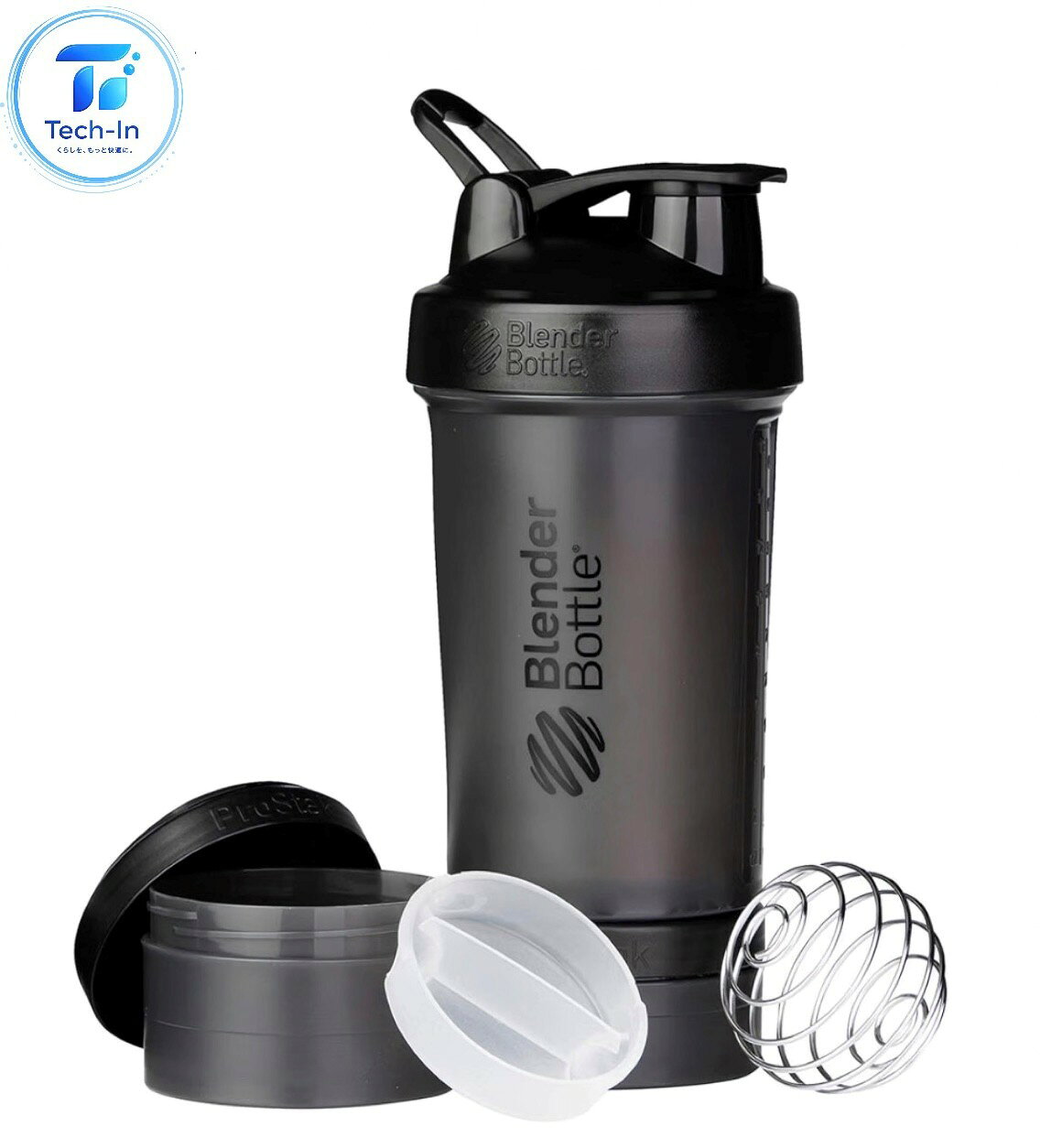 BlenderBottle ブレンダーボトル ProStak プロスタック プロテインシェーカー 収納ケース付き 22オンス 650ml ブラック ■　商品説明　・漏れ防止、拡張可能、信じられないほど強力なBlenderBottle ProStakは、本格的なアスリートのためのオールインワンソリューションです。 ・特許取得済みのBlenderBallワイヤー泡立て器は、毎回滑らかなシェイクを実現。 ・ユニークなTwist n' Lockジャーは、無限のストレージ拡張性を提供します。 ・ボトルの有無にかかわらず、粉末や錠剤を所定の位置に保ちます。 ・ProStakのユニークなインターロックジャーには個別の蓋が付いており、ボトルなしでもワークアウト前後のサプリメント、食事の代替品、スナックを持ち運ぶことができます。・ProStakのねじ込み式の蓋と漏れ防止のSureSealフリップキャップは、シェイクを所定の位置に保ちます。 ・蓋をぴったりとひねり、フリップキャップの確実なスナップで、深刻な揺れに備えることができます。 ・ BlenderBallワイヤー泡立て器は、たんぱく質、栄養、食事の代替シェイクで、ピーナッツバター、ヨーグルト、オート麦粉などの風味豊かな添加物をブレンドすることもできます。 ・ 容量22オンスのブレンダーボトル(約650ml)、150ccジャー、100ccジャー、ピルオーガナイザー、特許取得済みのBlenderBallワイヤー泡立て器が含まれます。 BlenderBottle ProStakは、追加のツイストアンドロックジャー(別売り)で拡張可能です。