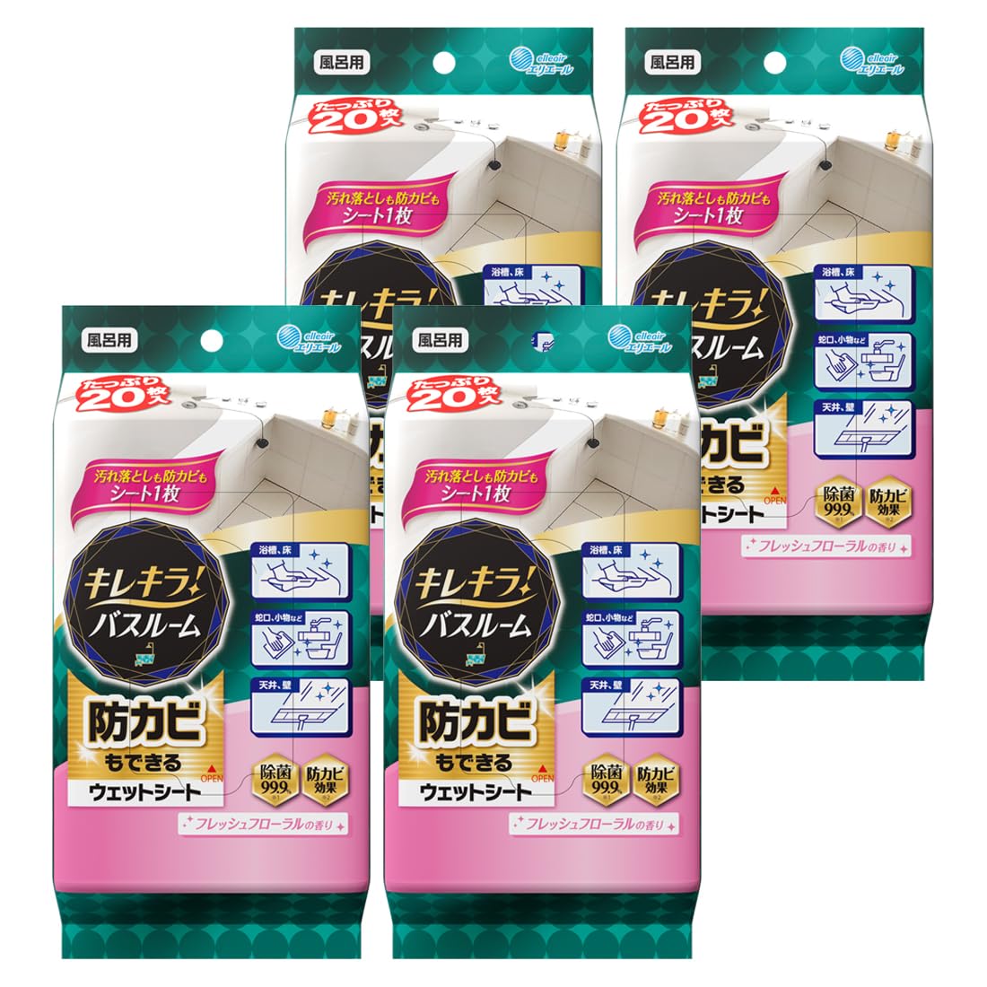 4個セット エリエール キレキラ! バスルームクリーナー フレッシュフローラルの香り 80枚(20枚×4個)　長崎倉庫
