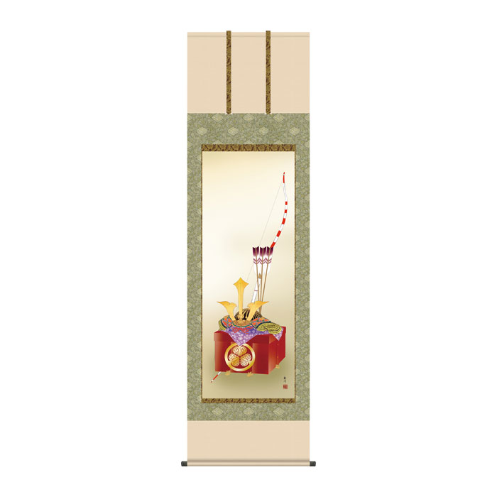 ●＜返品不可＞掛け軸 行事飾り 節句画 出世兜 山村観峰 KZ2F3-033 高精彩巧芸画〜手彩入り〜 尺5 幅54.5×高さ約190cm三幸 端午の節句 兜 正絹緞子本表装愛知県美大にて日本画を専攻。構図バランスに優れた独特の画風で幅広く人気を集める。三美会会員。