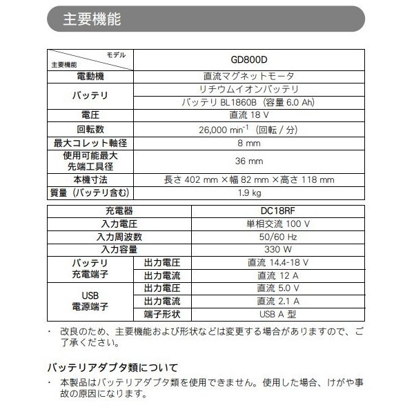 マキタ GD800DZ ＋ 純正ケース 18V 充電式 ハンドグラインダ 【本体+ケース】