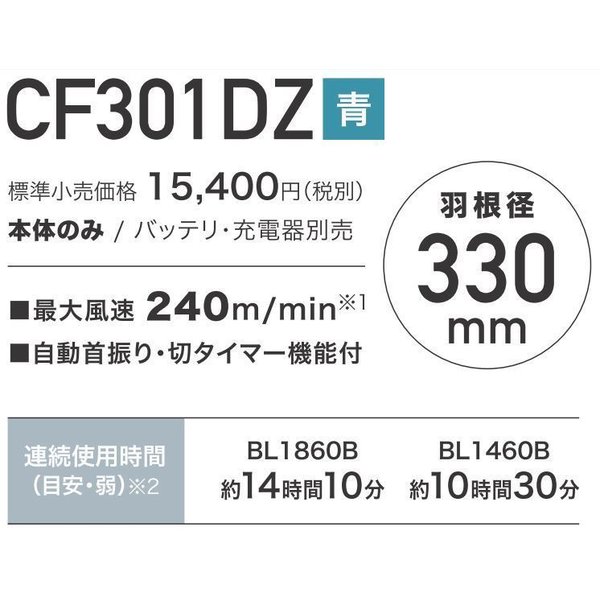 マキタ CF301DZ +BL1860B (青) 14.4V/18V 充電式 ファン 【本体のみ+6.0Ahバッテリ】 3