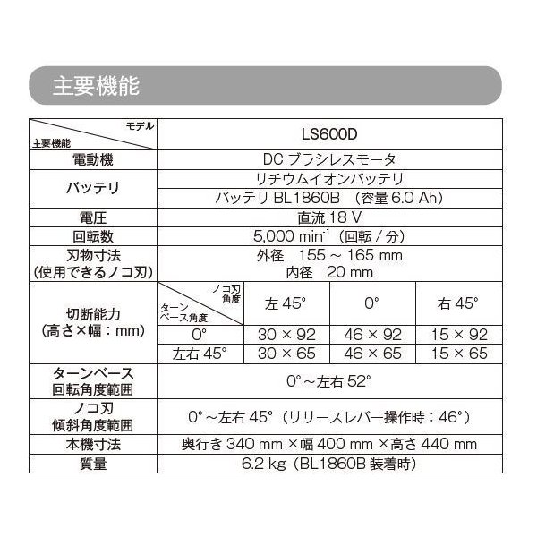 マキタ LS600DZ-BL1860B 18V 165mm 充電式 卓上マルノコ 【本体のみ+6.0Ahバッテリ...