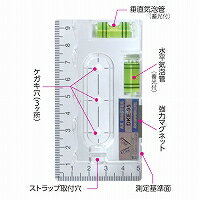 ■見やすい蓄光付気泡管 ■消えにくい目盛り ■強力マグネット付 ■ストラップ取り付け穴付 ■作業し易い指形状突起　 【本体仕様】 水平・垂直測定可能 4本線アクリル気泡管 スケール付（取引・証明外） マグネット付　