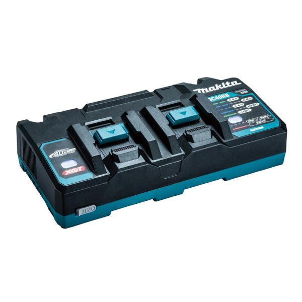 バッテリ（電圧-容量）　 実用充電 フル充電 BL4080F（40Vmax-8.0Ah） 60分 76分 BL4050F（40Vmax-5.0Ah） 38分 50分 BL4040F（40Vmax-4.0Ah） 31分 45分 BL4040 （40Vmax-4.0Ah） 31分 45分 BL4025 （40Vmax-2.5Ah） 19分 28分 BL4020 （40Vmax-2.0Ah） 15分 22分 ※充電時間は目安です。 特徴 ｢立体｣充電表示ランプ 視認性アップ。 14.4/18Vバッテリも充電可能(ライトバッテリ除く) 別販売品の充電器用互換アダプタADP10を使用して対応。 ・Li-ion 40Vmaxバッテリ急速充電可能な2口充電器 ・USB出力付(2.4A) ・バッテリ充電中にUSB機器を使用しても充電速度に影響なし ・離れた位置からも見やすい「立体」充電表示ライトで視認性アップ