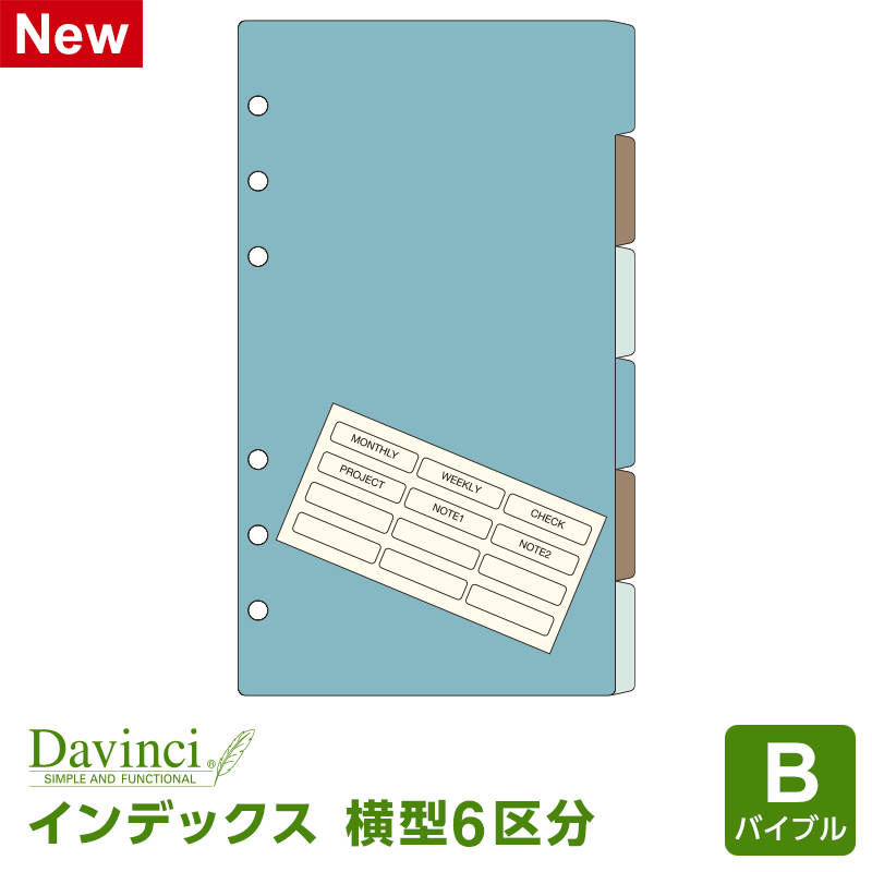 【システム手帳リフィル】Davinci ダ・ヴィンチ バイブルサイズ 6穴 カラーインデックス（横型6区分）(DR1373)（メール便限定）