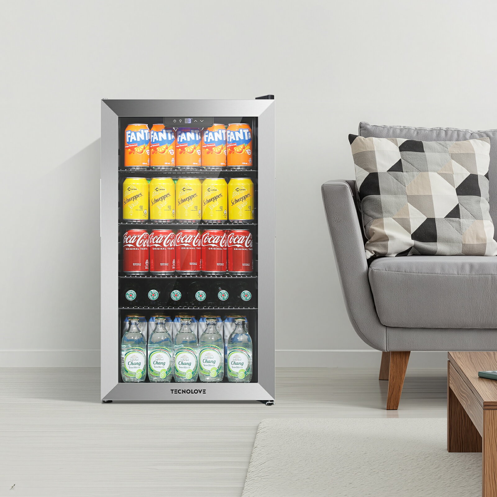 Tecnolove 86L冷蔵庫 自動霜取り 左右開き 小型 サブ冷蔵庫 庫内灯付き 3-14℃ 銀枠