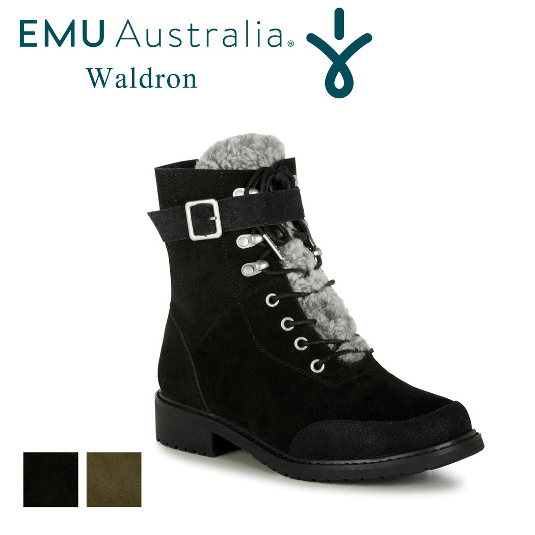 エミュ オーストラリア スノーブーツ レディース EMU Austraria レースアップ ブーツ Waldron レディース 秋冬 ムートン ジョッキー ローヒール 女性用 カジュアル 通気性あり 防風 防寒 防水 撥水 スエード ウォータープルーフ シンプル 無地 ワンポイント ベルト メリノウール100 ぬくぬく ブラック ダークオリーブ W12049