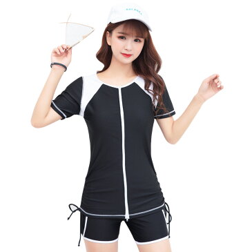 フィットネス水着 レディース セパレート かわいい 体型カバー水着 半袖 ラッシュガード ショートパンツ キャップ 3点 上下セットオトナ女子 30代 40代 ママ水着 女性用 お洒落 紫外線対策 二の腕 お腹 お尻 太もも カバーアップ 水陸両用 露出控えめ