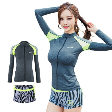 水着 レディース ラッシュガード 長袖 ショートパンツ 2点セット 韓国 ファッション SHEBEACH RIPPLE MELANY ZIPUP RASHGUARD シービーチ 正規品 かわいい S M L 7号 9号 11号 女性 安全 海 ジム 体型カバー トップス UPF50+ 紫外線対策 ロゴ入り 即日発送