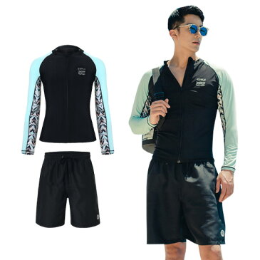 水着 メンズ ラッシュガード サーフパンツ ビーチパンツ 海パン 2点セット 韓国 ファッション SHEBEACH AMELIE ZIPUP RASHGUARD 【RIPPLE SHORTS】 シービーチ 正規品 男性 安全 海 ジム ウエスト調節可能 UPF50+ バックポケット付き ワンサイズ ロゴ入り 黒 即日発送