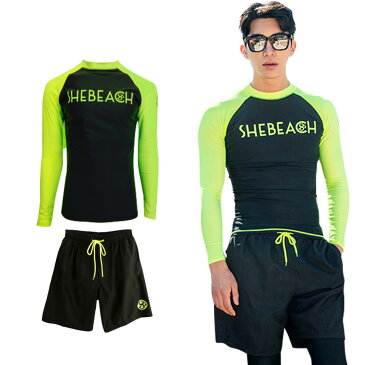 水着 メンズ ラッシュガード サーフパンツ ビーチパンツ 海パン 2点セット 韓国 ファッション SHEBEACH BILLIE RASHGUARD(MEN) SHORTS (MEN) シービーチ 正規品 M L 男性 安全 海 ジム パンツ トップス かっこいい ウエスト調節可能 ポケット付き ロゴ入り シンプル 即日発送