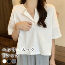 Tシャツ レディース 半袖 トップス カットソー おしゃれ かわいい 春 夏 白 黒 ニット 柔らかい インナー きれいめ ゆったり 無地 シンプル ドロップショルダー ヘンリーネック 薄手 伸縮性 ストレッチ リブ プルオーバー カジュアル 気軽 こなれ感 ワンマイルウェア