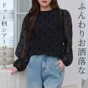 \20%OFFクーポン!/「ふわっと涼し気ブラウス」ブラウス 長袖 レディース シアー シースルー トップス フロッキードット 水玉 パフスリーブ 裾 バルーン 袖 ゴム ボタン 裏地付き プルオーバー クルーネック きれいめ オフィスカジュアル 薄手 黒 春 夏