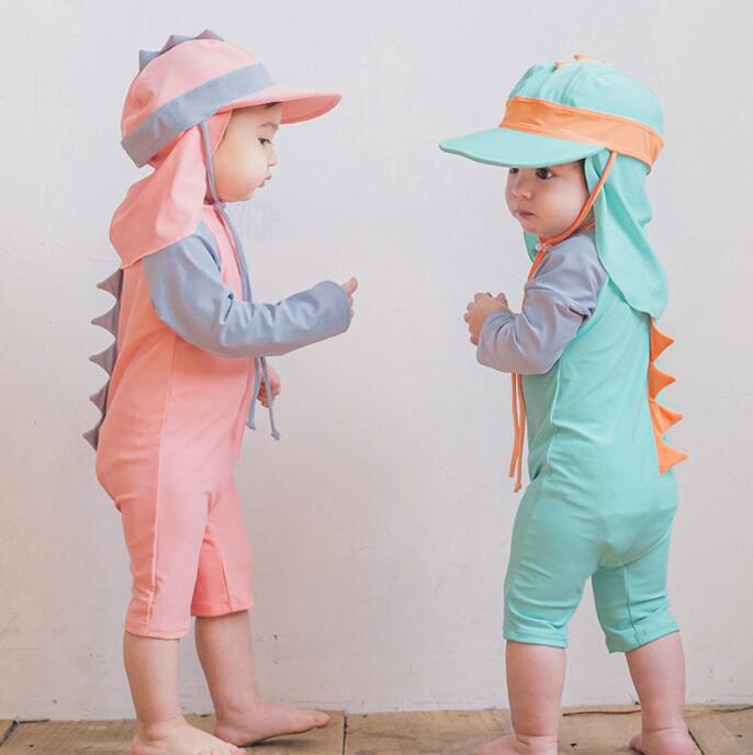 ベビー 水着 キッズ ラッシュガード 男の子 女の子 キャップつき 2点セット UVカット 恐竜 怪獣 ロンパース 子供 ジュニア ベビースイミング かわいい スイムウェア 海プール 紫外線対策 日焼け防止 リゾート