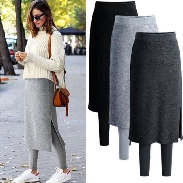 スカート付きレギンス レディース ボトムス スパッツ 裏起毛 サイドスリット ひざ丈 膝丈 ウエストゴム スカート レギンス 体型カバー 冬コーデ 大人 可愛い 一体型 細身 タイト シルエット タイトスカート M-4XLサイズ対応可