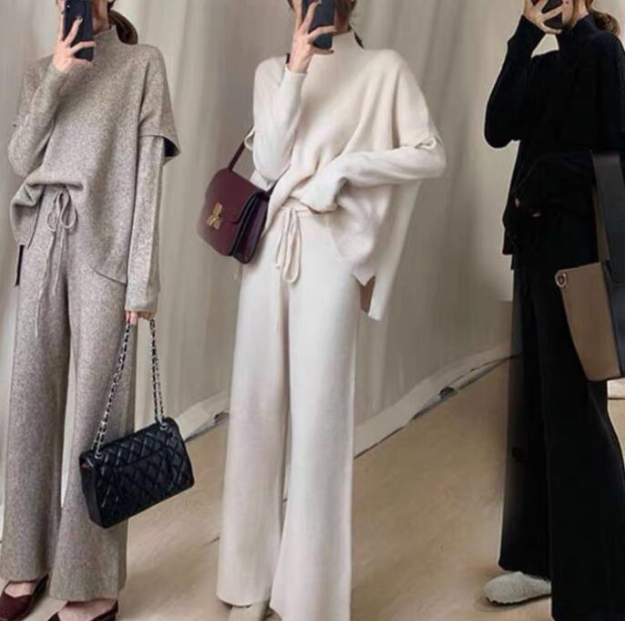 ニットセットアップ レディース ベストつき　3点セット　ゆったり 秋冬長袖 ニットトップス 無地 ワイドパンツ 上下セット体型カバー 着やせ 通勤ガウチョパンツ秋冬 お洒落 シンプル ナチュラル カジュアル きれいめ フェミニンのサムネイル