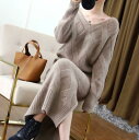 カシミヤ混ニットセットアップ カシミヤ混セーター プルオーバー ひし形 タイトスカート スリット スカートセット トップス 体型カバー 着痩せ レディース 秋 冬 vネック ロングスカート マキシスカート 通勤 オフィス