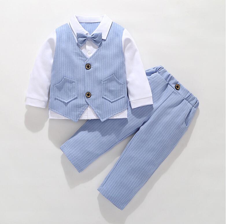 乐天商城 - 男の子 スーツ ベビースーツ ボーター柄 子供服 2点セット ベスト 男の子 ブラウス パンツ ベビースーツ 結婚式 七五三 入園式 卒園式 入学式 発表会 フォーマルスーツ 男の子 新生児 幼児 出産祝い 80 90 100　110cm