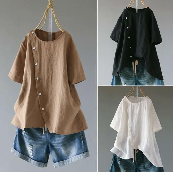 リネンブラウス レディース 半袖 リネンシャツ チュニック クルーネック コットンリネン 綿麻 トップス ブラウス 春 夏 大きいサイズ ゆったり オーバーサイズ ボタン おしゃれ かわいい カジュアル 無地 ナチュラル 送料無料